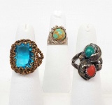 Lot of 3 : Native American Crafted Silver Bezel Set Turquoise and Coral Ring + More