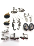 Lot of 7 pairs : Sterling Silver Earrings - Seahorses, Cameos, and Natural Elements