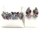 Vintage Silvertone and Purple Rhinestone Bracelet and Earrings