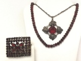 Faceted Crimson Collection - Vintage Necklace, Brooch and More