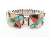 Native American Signed Silver Abalone, Turquoise, Coral and Onyx Watch Strap