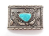 Native American Signed Silver and Saw-tooth Bezel Set Turquoise Belt Buckle