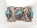 Native American Crafted Silver and Bezel Set Turquoise Cuff Bracelet
