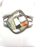 Vintage Native American Signed Silver and Agate Inlay Cuff Bracelet