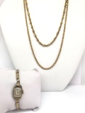 Lot of 3 : Gold Plated Chain Necklaces and Elgin Wristwatch