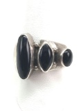 Sterling Silver Native American Signed Triple Onyx Stone Wide Band Ring