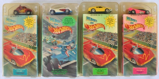 Group of 4 Hot Wheels "Heroes on Hot Wheels" VHS Tapes with Die-Cast Vehicles in Original Packaging