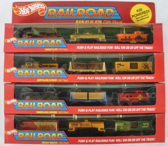 Group of 4 Hot Wheels Railroad Train Car Gift Sets in Original Packaging