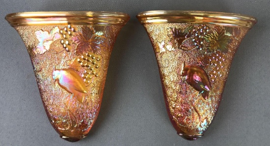 Group of 2 Antique Marigold Carnival Glass Wall Pockets-Bird, Grape and Cable