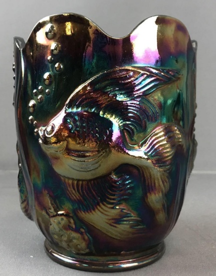 Black Amethyst Fenton Carnival Glass Jardinere-Goldfish
