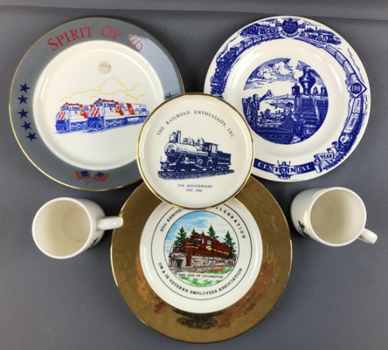 Group of vintage souvenir railroad dishes