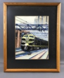 Vintage framed watercolor painting of Erie locomotive