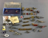 Group of vintage railroad line pins, clips and more
