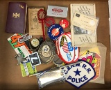 Group of vintage railroad patches, stickers, pins, belt buckle and more