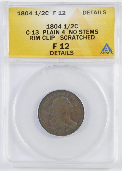 1804 Draped Bust Half Cent (ANACS) F12 Details.