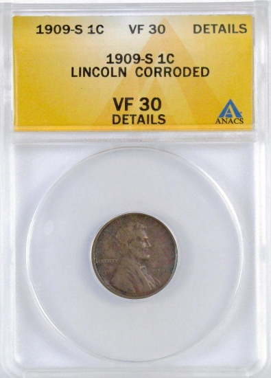1909 S Lincoln Wheat Cent (ANACS) VF30 Details.