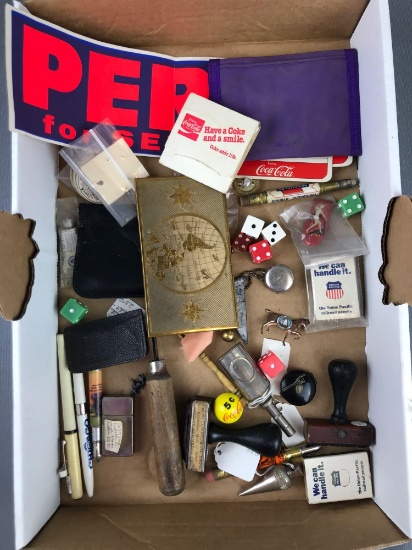 Group of 30+ miscellaneous items Dash metal cigarette case, rubber stamps, milk caps, and more