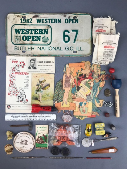 Group of 50+ miscellaneous vintage items Dash newsprint paper dolls, pins, and more