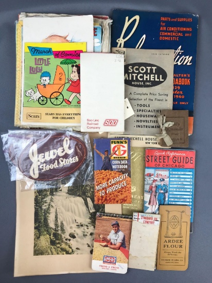 Group of 20+ vintage paper/published items-cloth childrens books, advertising pocket ledgers, and