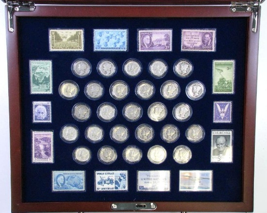 Group of (27) Mercury Dimes 1916-1945 & (14) Stamps Set.