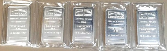 Group of (5) NTR Metals 10oz. .999 Fine Silver Ingot / Bars.