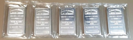 Group of (5) NTR Metals 10oz. .999 Fine Silver Ingot / Bars.