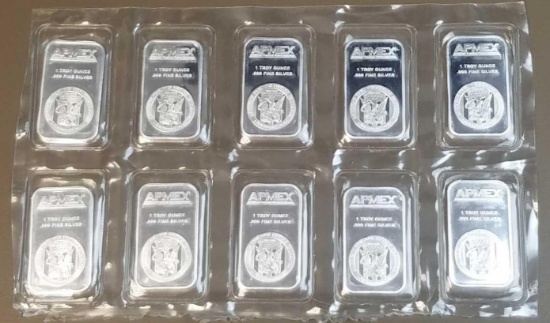 Group of (10) APMEX 1oz. .999 Fine Silver Ingot / Bars.