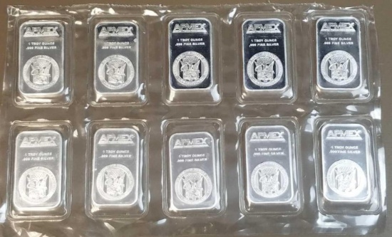 Group of (10) APMEX 1oz. .999 Fine Silver Ingot / Bars.