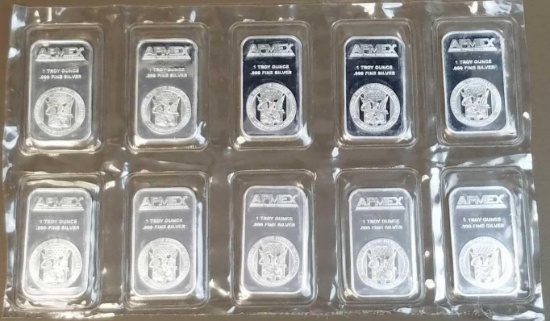 Group of (10) APMEX 1oz. .999 Fine Silver Ingot / Bars.