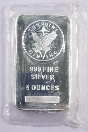 Sunshine Minting 5oz. .999 Fine Silver Ingot / Bar.