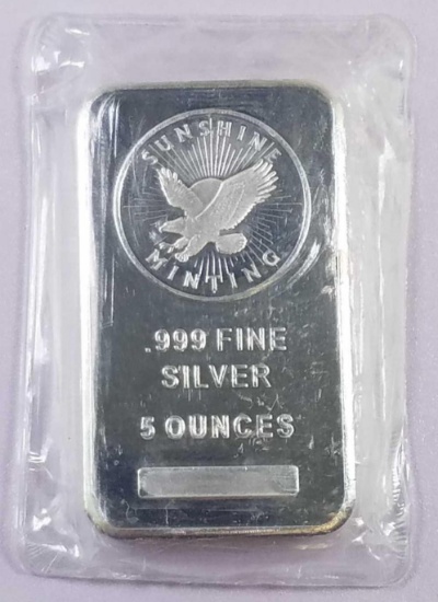 Sunshine Minting 5oz. .999 Fine Silver Ingot / Bar.