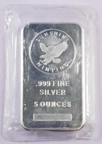 Sunshine Minting 5oz. .999 Fine Silver Ingot / Bar.