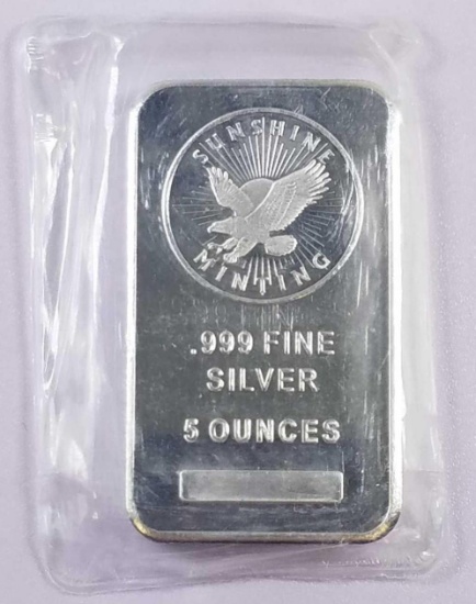 Sunshine Minting 5oz. .999 Fine Silver Ingot / Bar.