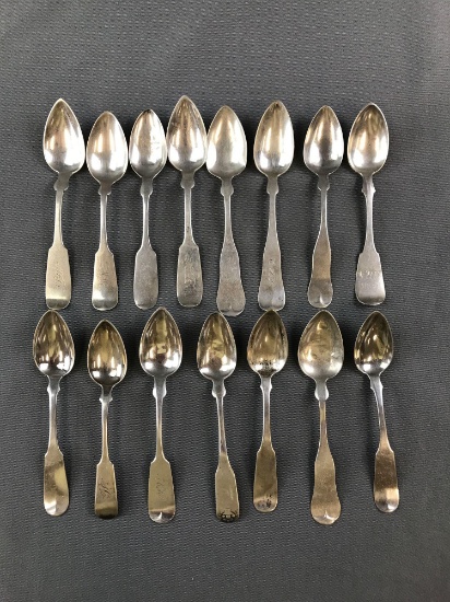 Group of 15 antique sterling or coin silver fiddleback spoons