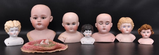 Group of 8 Antique Doll Heads : Bisque and Porcelain China