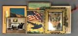 Group of 6 vintage patriotic framed advertising prints, thermometers, mirror