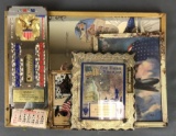 Group of 5 vintage patriotic advertising prints, mirrors, thermometers, calendar