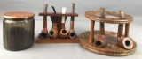 9 piece group of pipes, pipe stands and tobacco jar