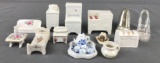 Group of 18 pieces porcelain doll house furniture and more