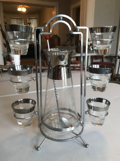 Vintage Mid Century "Atomic" Cocktail set with Chrome Caddy