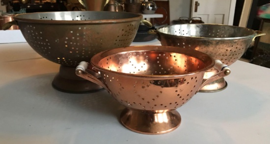 Group of 3 vintage copper colanders