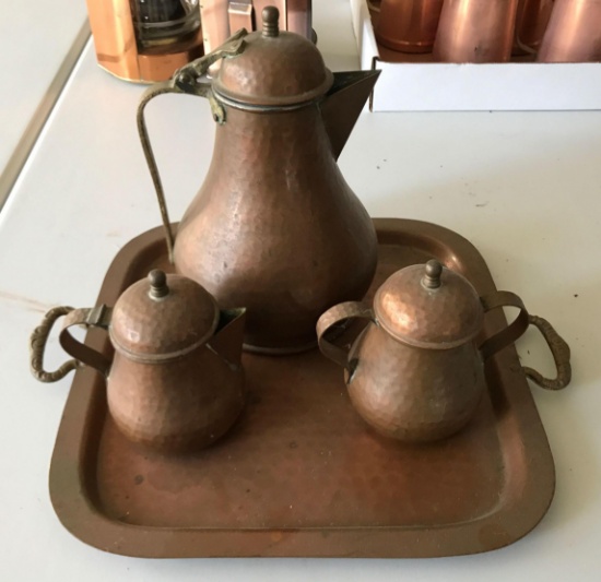 Antique copper teapot, creamer/ sugar and tray