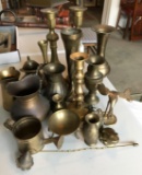 Group of vintage brass candle holders and more