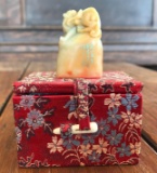 Asian carved soapstone stamp in embroidered brocade box
