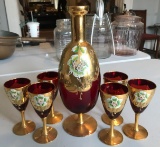 Vintage hand-painted decanter and glasses