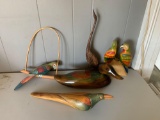 Group of carved wooden birds