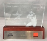 Nolan Ryan Glass plaque on wood base with game Jersey patch