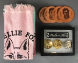 Group of 10 Nellie Fox collectibles-leather coasters, medals, hand towels