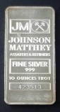 Johnson Matthey 10oz. .999 Fine Silver Ingot / Bar.