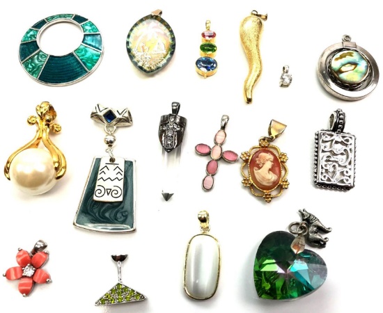 Lot of 16 Pendants: Italian Horn, Cross, Cameo, Abalone, Solitaire, and many more